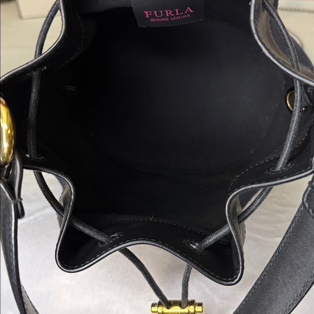 Furla Stacy Mini Bucket Bag Navy Canvas & Black Leather Crossbody EUC - Picture 5 of 9